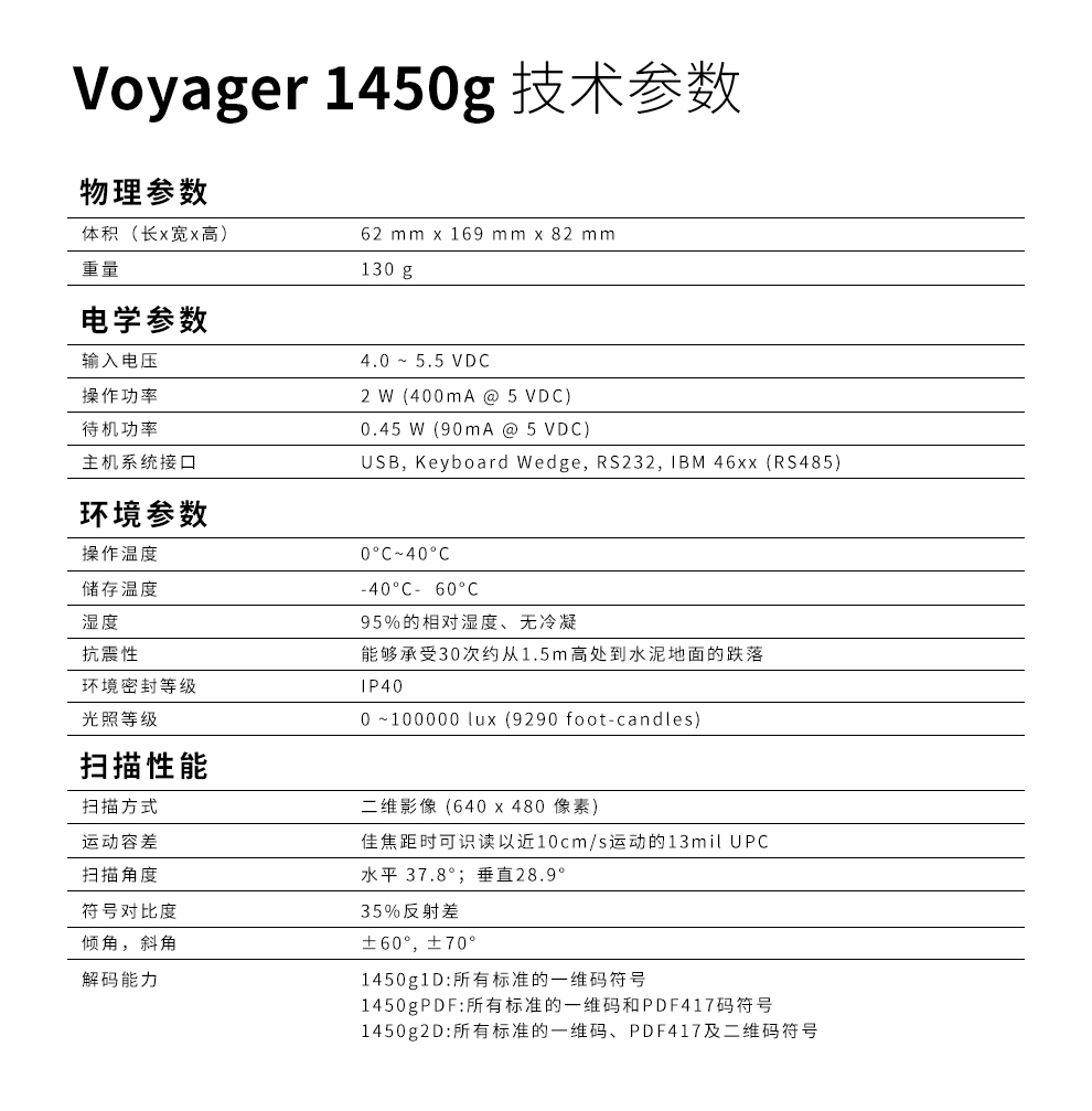 1450g条码扫描枪详细参数